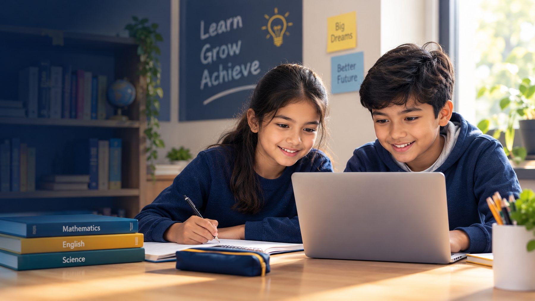 A girl and a boy smiling together while studying on a laptop